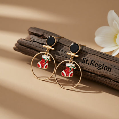 Red Enamel and 18K Gold-Plated Cubic Zirconia-Accent Stocking Circle Drop Earrings, gold drop earrings for women, front view