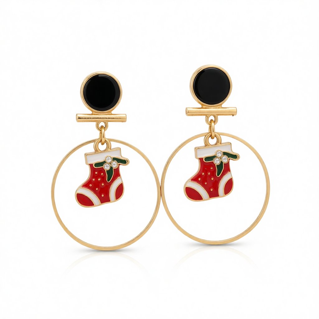 Red Enamel and 18K Gold-Plated Cubic Zirconia-Accent Stocking Circle Drop Earrings, gold drop earrings for women, side view