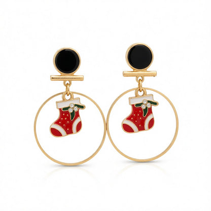 Red Enamel and 18K Gold-Plated Cubic Zirconia-Accent Stocking Circle Drop Earrings, gold drop earrings for women, side view