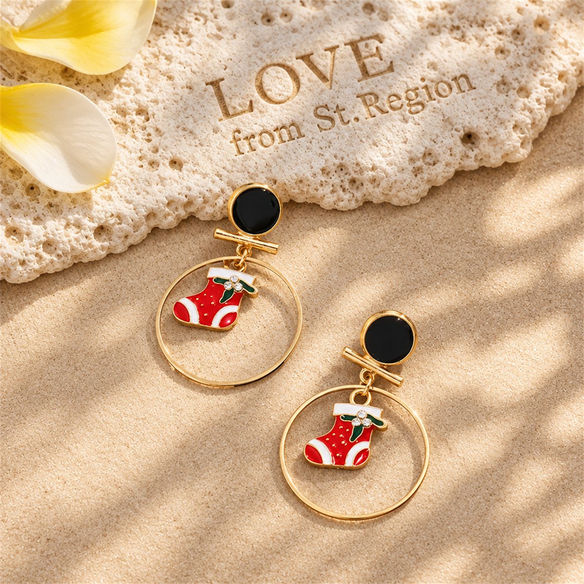 Red Enamel and 18K Gold-Plated Cubic Zirconia-Accent Stocking Circle Drop Earrings, gold drop earrings..., lifestyle look