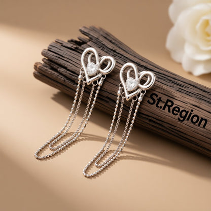 Cubic Zirconia and Silver-Plated Heart Layered Chain Drop Earrings, silver drop earrings for women, front view