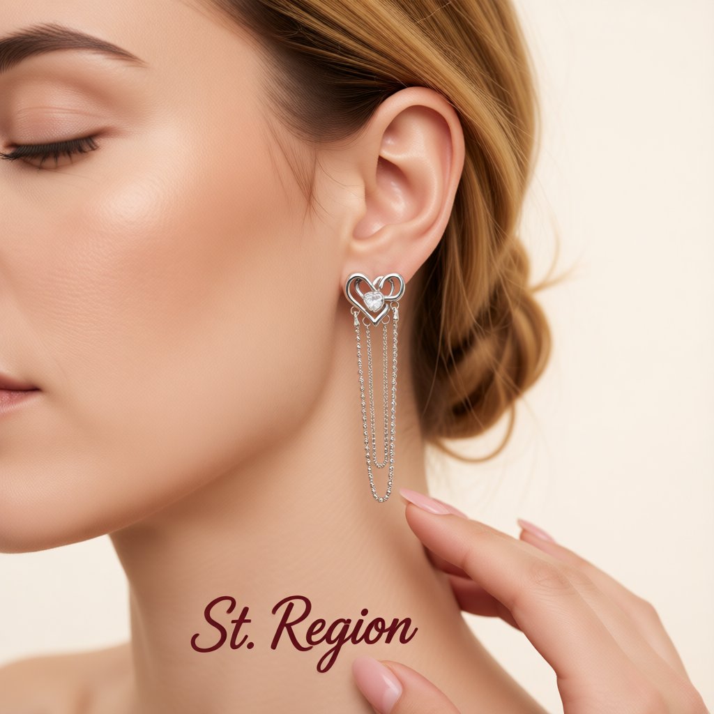 Cubic Zirconia and Silver-Plated Heart Layered Chain Drop Earrings, silver drop earrings for women, styled look