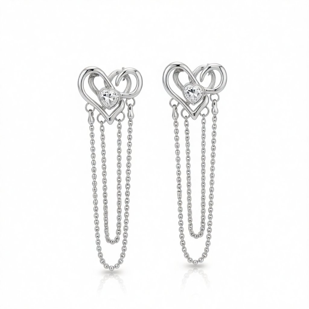 Cubic Zirconia and Silver-Plated Heart Layered Chain Drop Earrings, silver drop earrings for women, side view