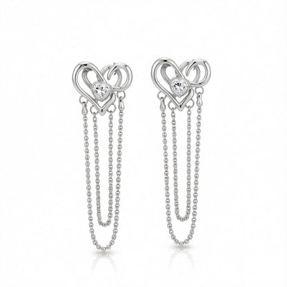Cubic Zirconia and Silver-Plated Heart Layered Chain Drop Earrings, silver drop earrings for women, side view