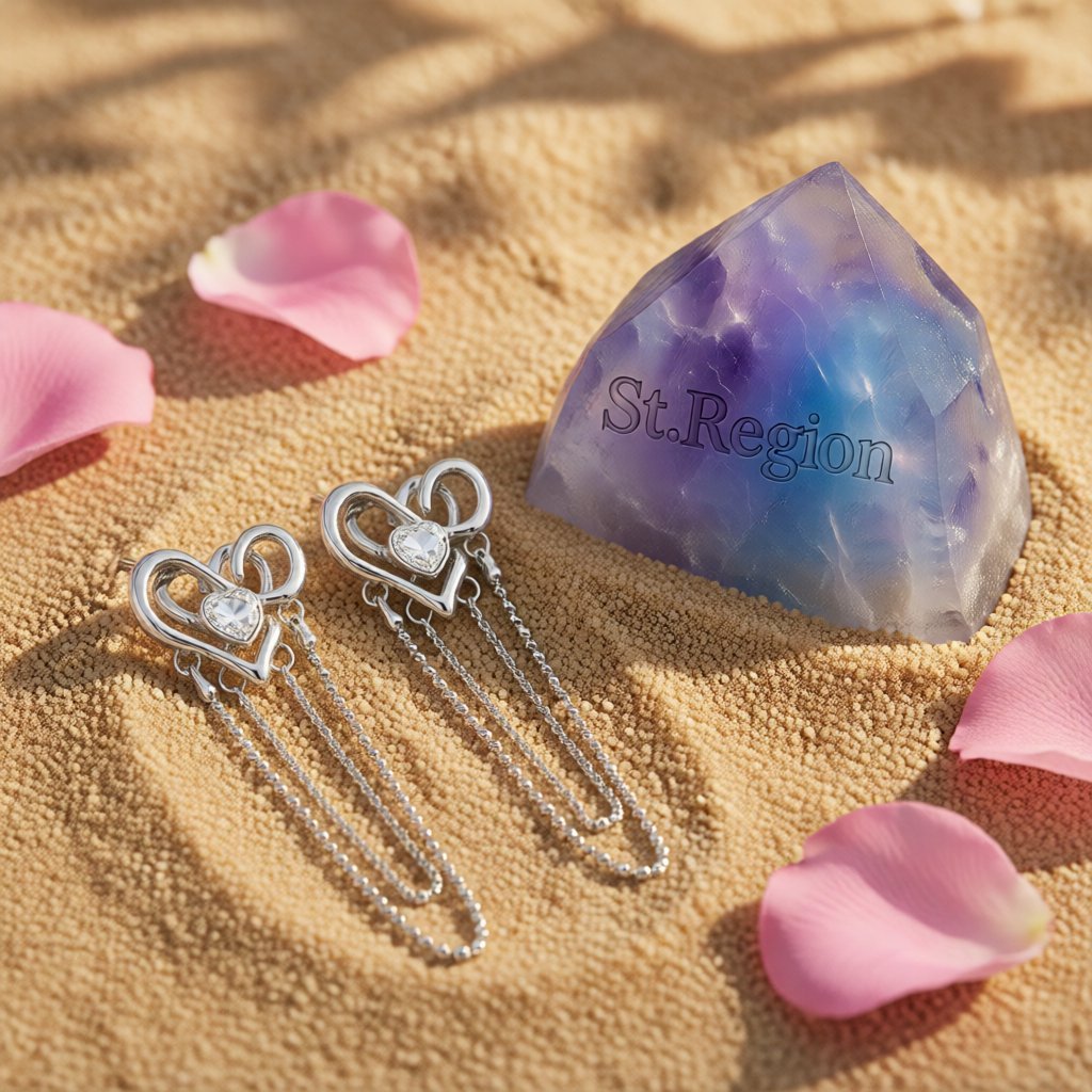 Cubic Zirconia and Silver-Plated Heart Layered Chain Drop Earrings, silver drop earrings for women, detail close-up