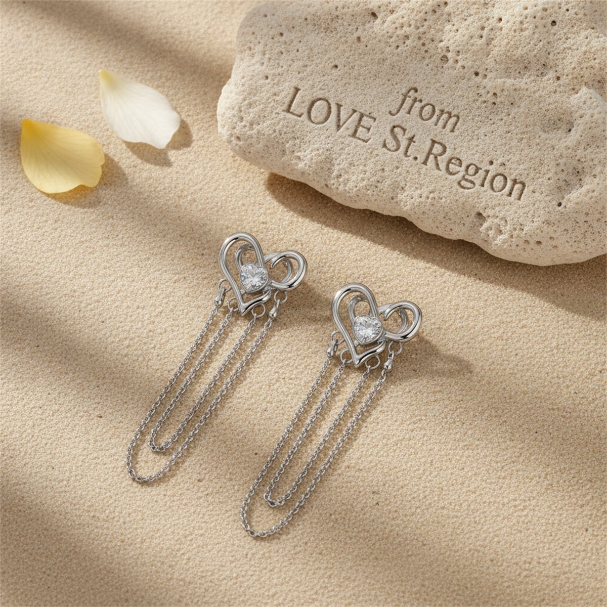 Cubic Zirconia and Silver-Plated Heart Layered Chain Drop Earrings, silver drop earrings for women, lifestyle look