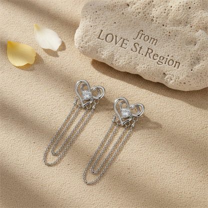 Cubic Zirconia and Silver-Plated Heart Layered Chain Drop Earrings, silver drop earrings for women, lifestyle look