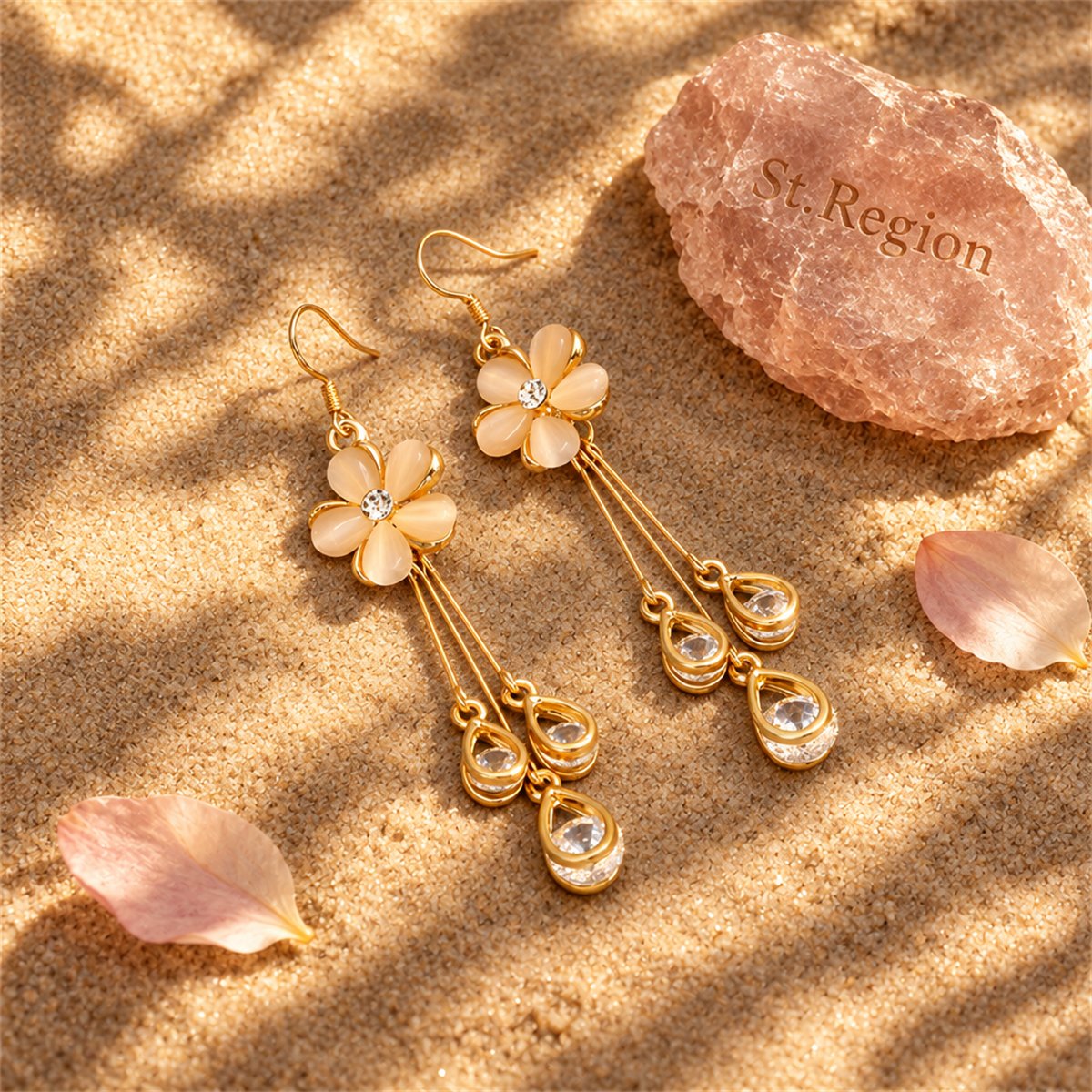 Blush Cateye and Cubic Zirconia 18K Gold-Plated Floral Teardrop Tassel Drop Earrings, gold drop earrings..., detail close-up