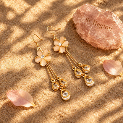 Blush Cateye and Cubic Zirconia 18K Gold-Plated Floral Teardrop Tassel Drop Earrings, gold drop earrings..., detail close-up