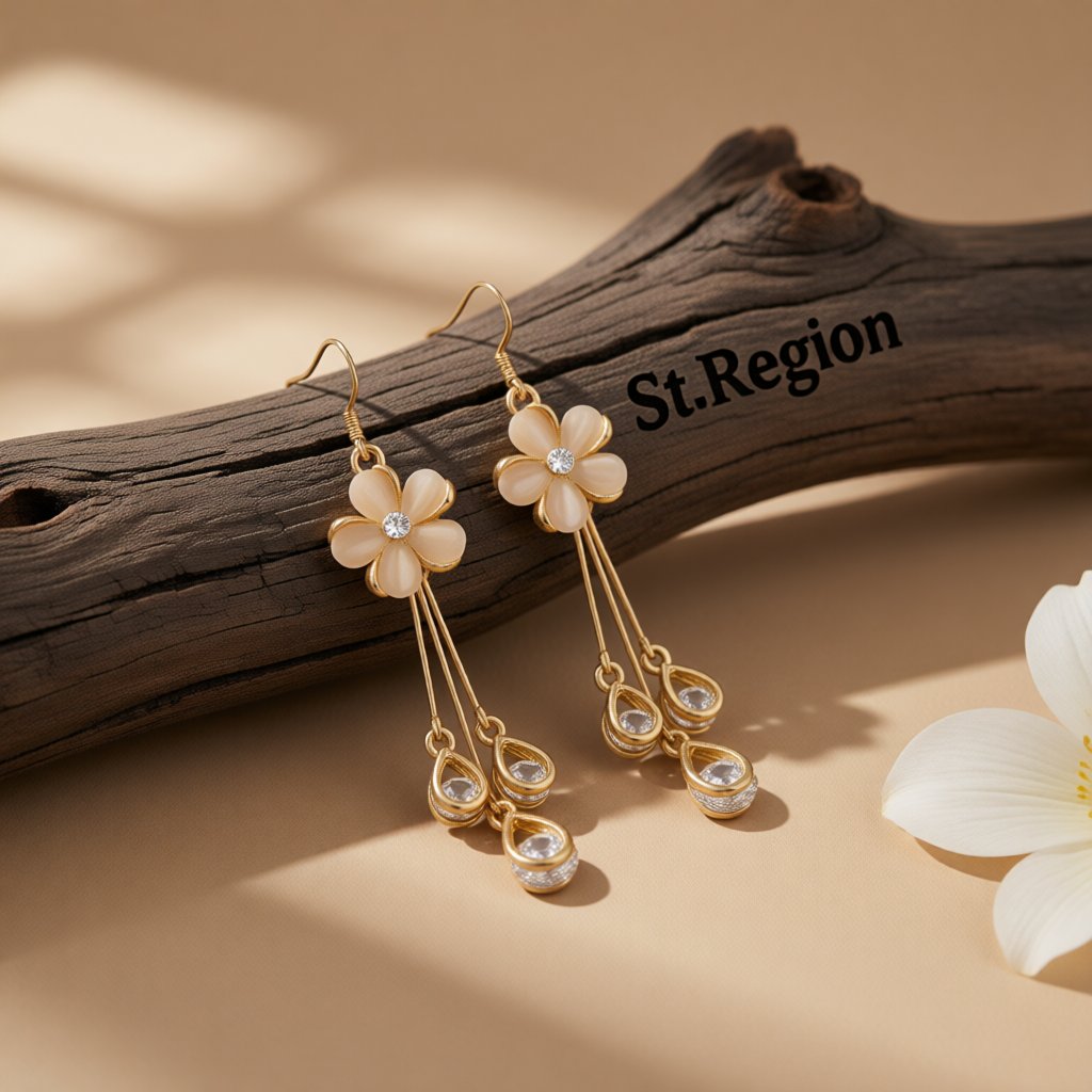 Blush Cateye and Cubic Zirconia 18K Gold-Plated Floral Teardrop Tassel Drop Earrings, gold drop earrings for..., front view