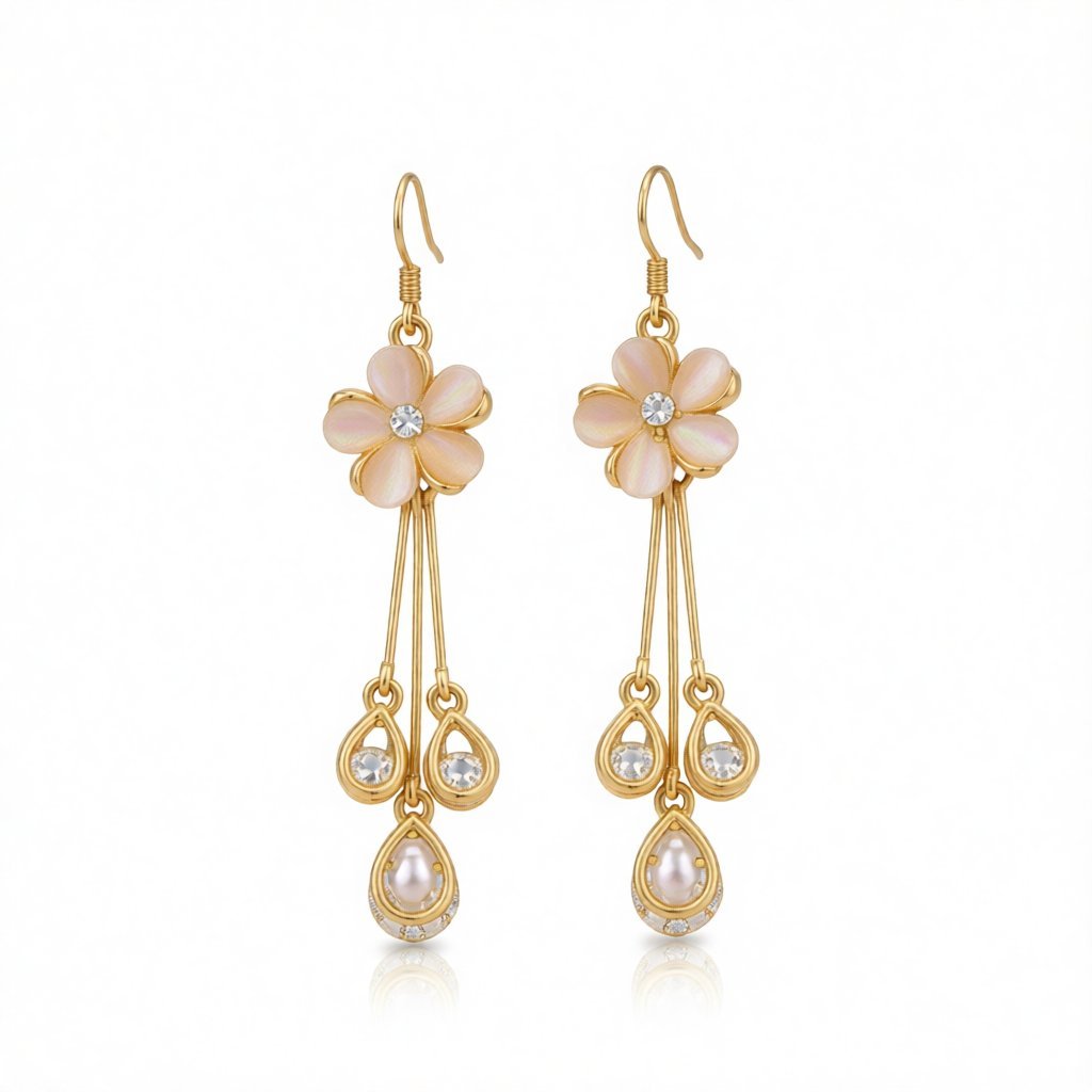Blush Cateye and Cubic Zirconia 18K Gold-Plated Floral Teardrop Tassel Drop Earrings, gold drop earrings for women, side view