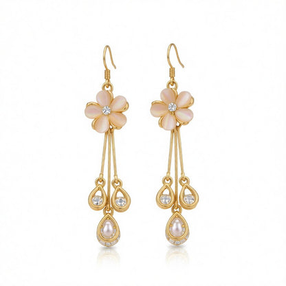 Blush Cateye and Cubic Zirconia 18K Gold-Plated Floral Teardrop Tassel Drop Earrings, gold drop earrings for women, side view