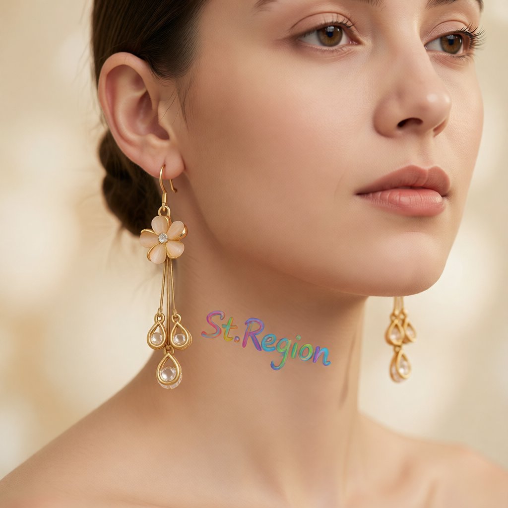 Blush Cateye and Cubic Zirconia 18K Gold-Plated Floral Teardrop Tassel Drop Earrings, gold drop earrings for..., styled look