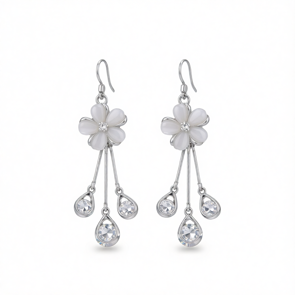 Cateye & Cubic Zirconia Silver-Plated Floral Teardrop Tassel Drop Earrings
