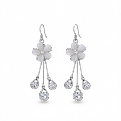 Cateye & Cubic Zirconia Silver-Plated Floral Teardrop Tassel Drop Earrings
