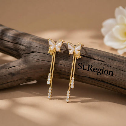 White Enamel & Cubic Zirconia 18K Gold-Plated Butterfly Tassel Drop Earrings