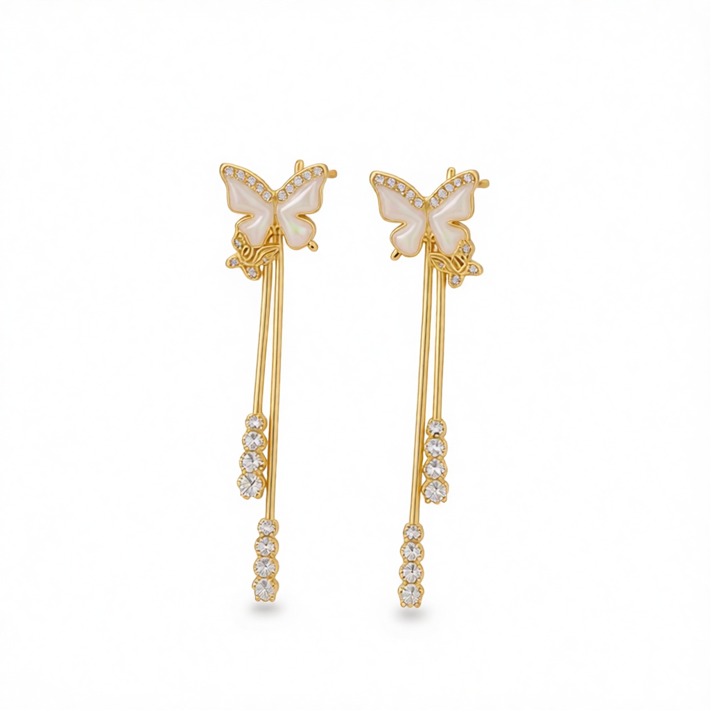 White Enamel & Cubic Zirconia 18K Gold-Plated Butterfly Tassel Drop Earrings
