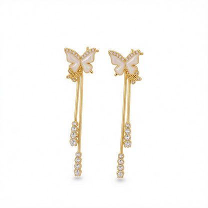 White Enamel & Cubic Zirconia 18K Gold-Plated Butterfly Tassel Drop Earrings