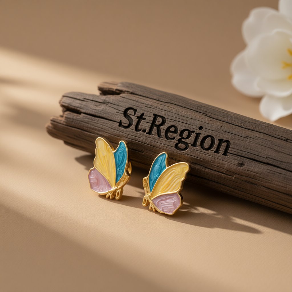 Teal and Yellow Enamel Butterfly Stud Earrings, stud earrings for women, vintage-inspired design, front view