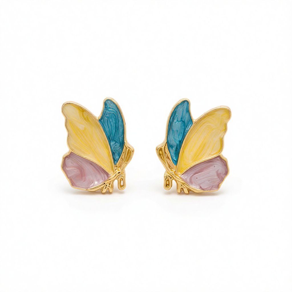 Teal and Yellow Enamel Butterfly Stud Earrings, stud earrings for women, vintage-inspired design, side view