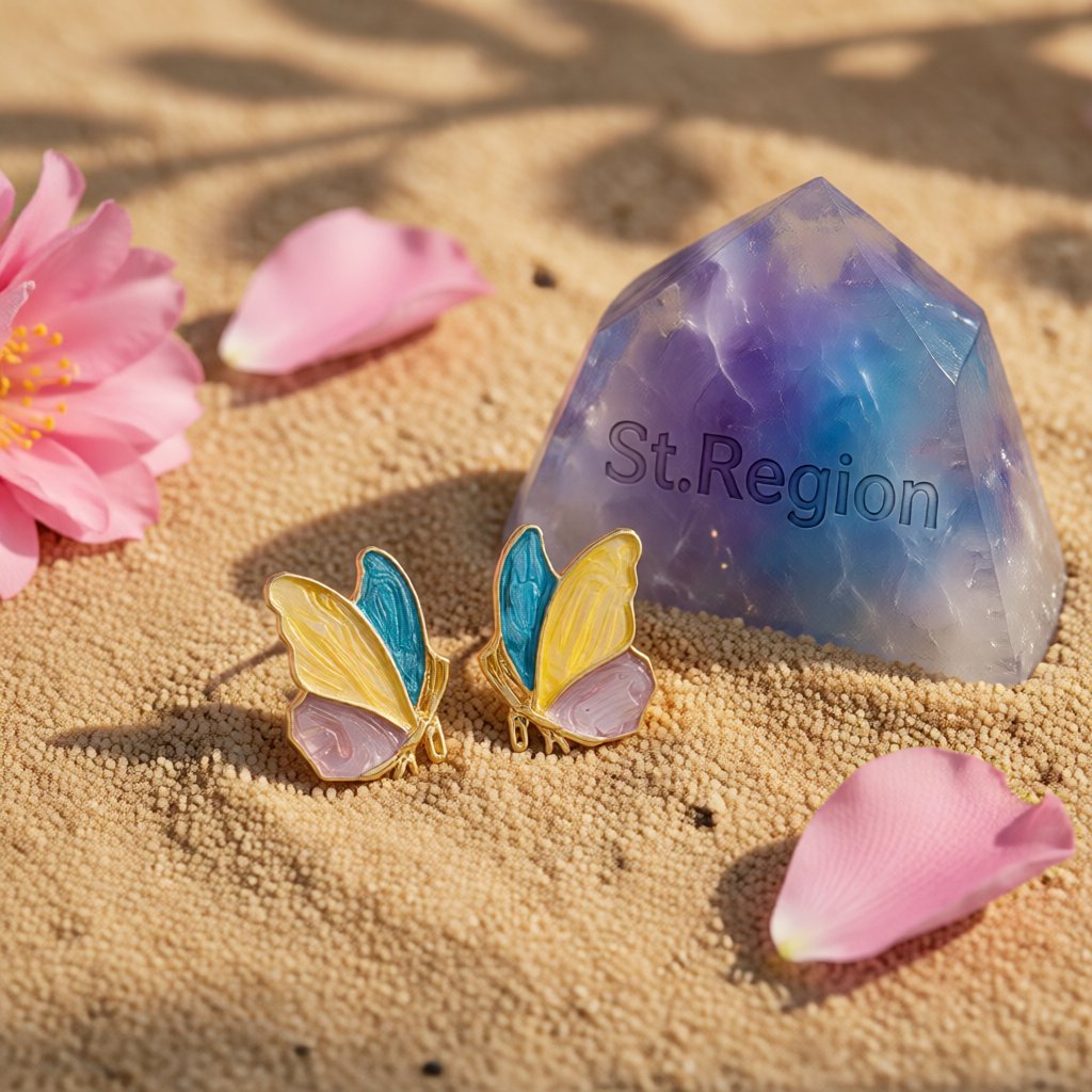 Teal and Yellow Enamel Butterfly Stud Earrings, stud earrings for women, vintage-inspired design, detail close-up