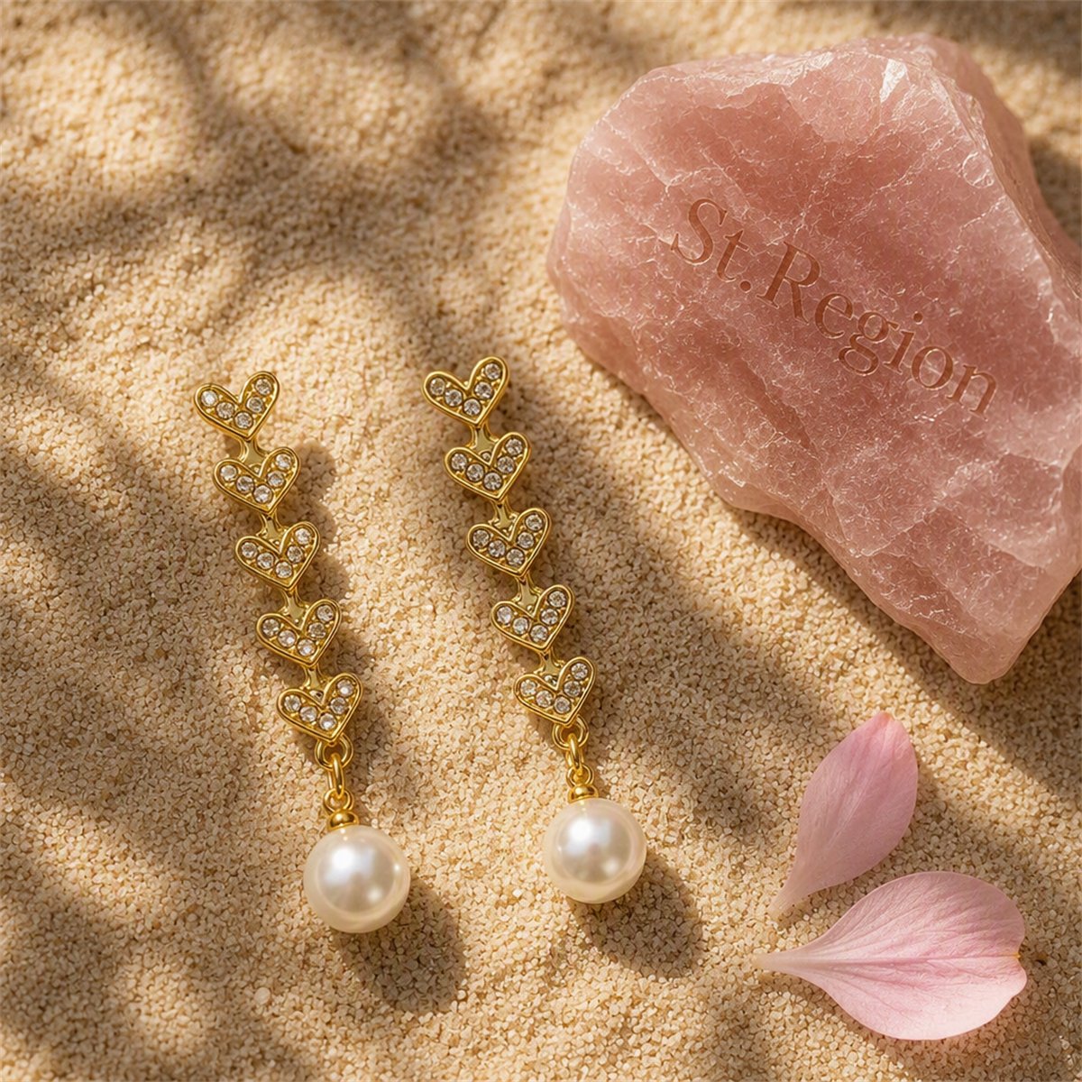 Cubic Zirconia and Pearl 18K Gold-Plated Linked Heart Drop Earrings, gold drop earrings for women, detail close-up
