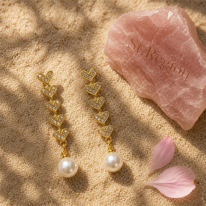 Cubic Zirconia and Pearl 18K Gold-Plated Linked Heart Drop Earrings, gold drop earrings for women, detail close-up