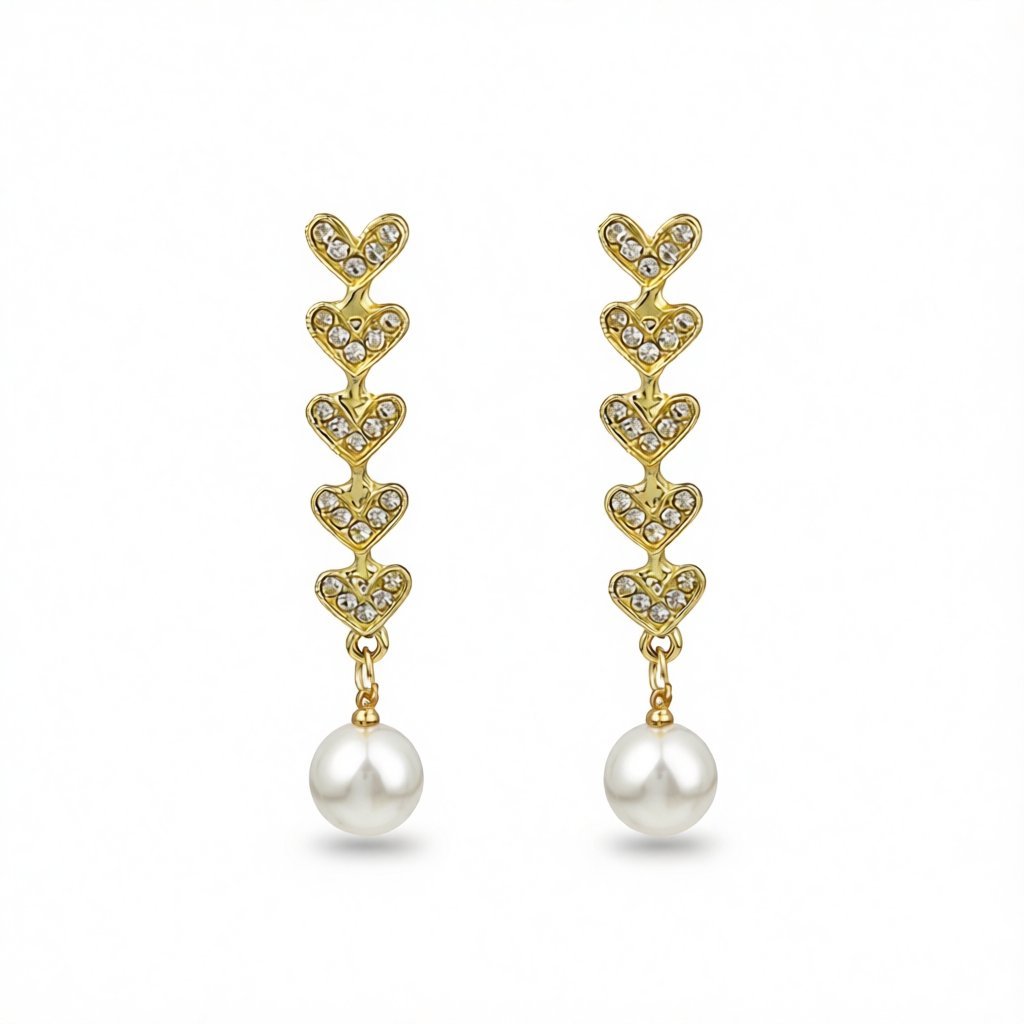 Cubic Zirconia and Pearl 18K Gold-Plated Linked Heart Drop Earrings, gold drop earrings for women, everyday style, side view