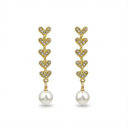 Cubic Zirconia and Pearl 18K Gold-Plated Linked Heart Drop Earrings, gold drop earrings for women, everyday style, side view