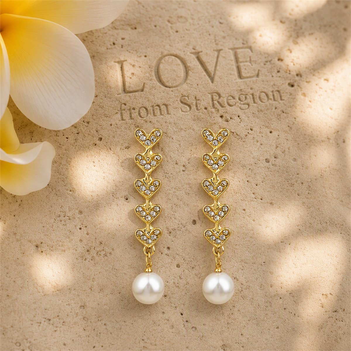 Cubic Zirconia and Pearl 18K Gold-Plated Linked Heart Drop Earrings, gold drop earrings for women, lifestyle look