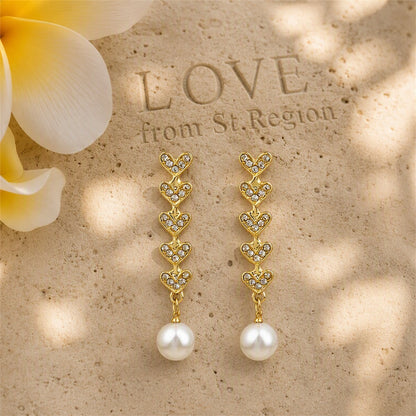 Cubic Zirconia and Pearl 18K Gold-Plated Linked Heart Drop Earrings, gold drop earrings for women, lifestyle look