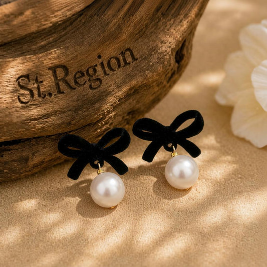 Black Nylon & Pearl Bow Drop Earrings