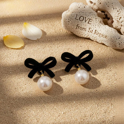 Black Nylon and Pearl Bow Drop Earrings, drop earrings for women, everyday style, lifestyle look