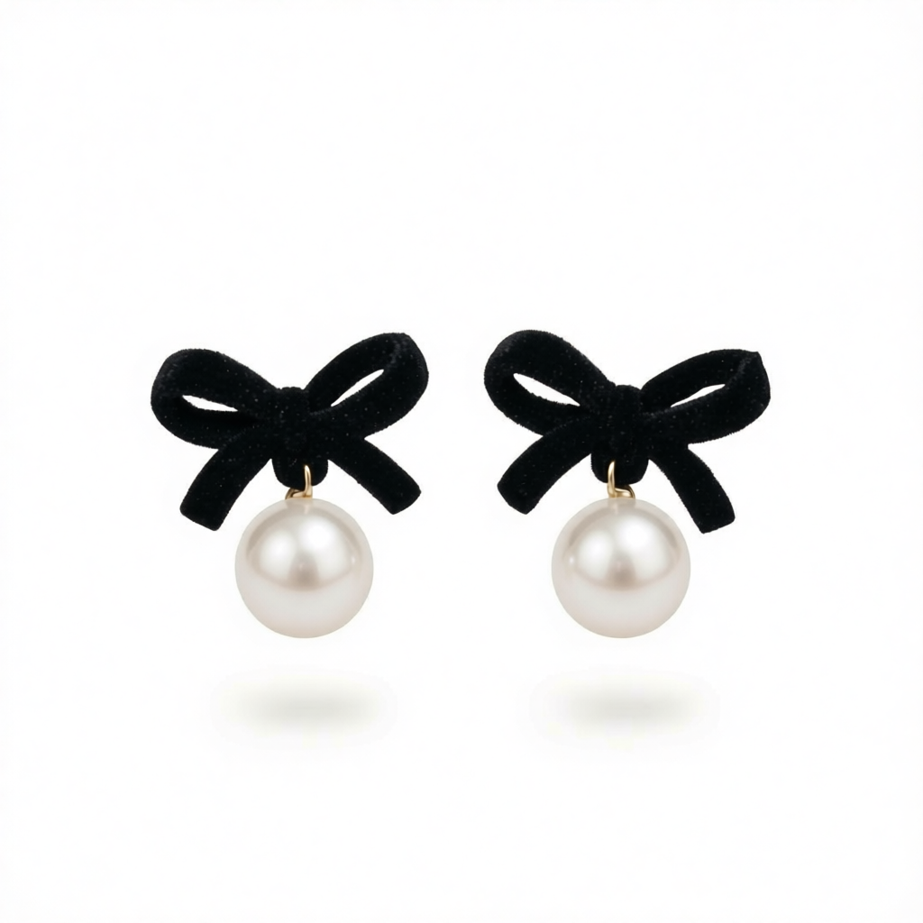 Black Nylon & Pearl Bow Drop Earrings