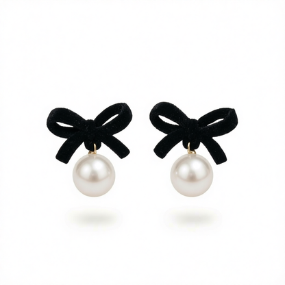 Black Nylon & Pearl Bow Drop Earrings
