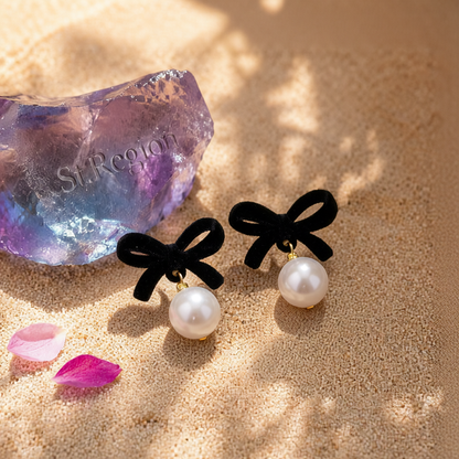 Black Nylon & Pearl Bow Drop Earrings