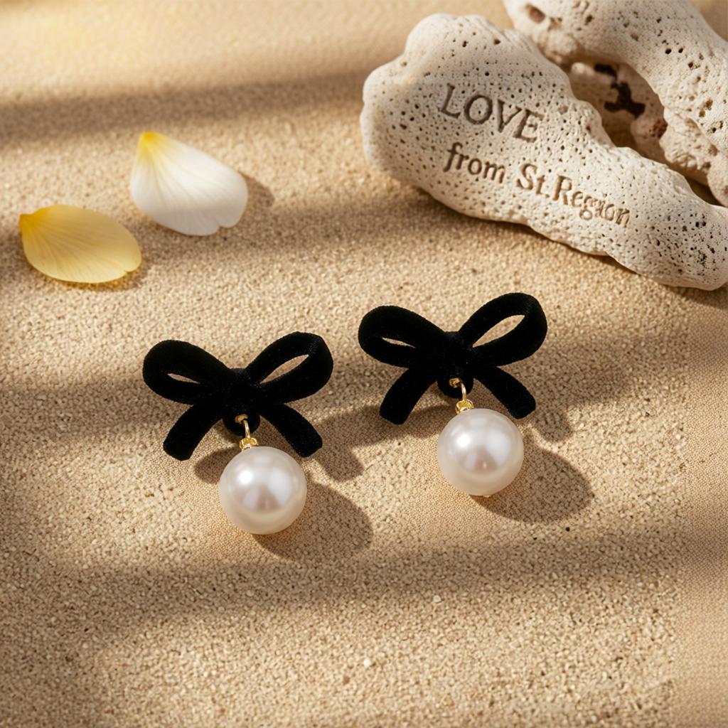 Black Nylon & Pearl Bow Drop Earrings