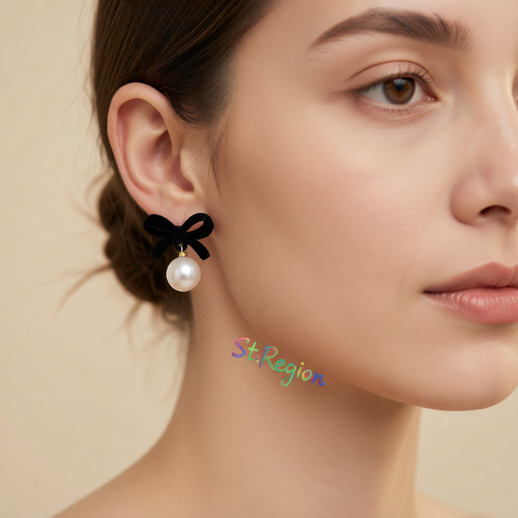 Black Nylon & Pearl Bow Drop Earrings