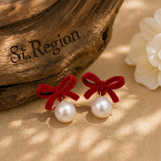 Red Nylon & Pearl 18K Gold-Plated Bow Drop Earrings