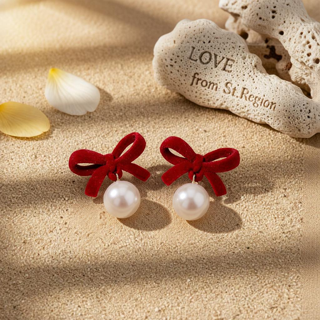 Red Nylon and Pearl 18K Gold-Plated Bow Drop Earrings, gold drop earrings for women, dainty minimalist design, lifestyle look