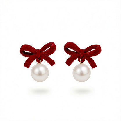 Red Nylon & Pearl 18K Gold-Plated Bow Drop Earrings