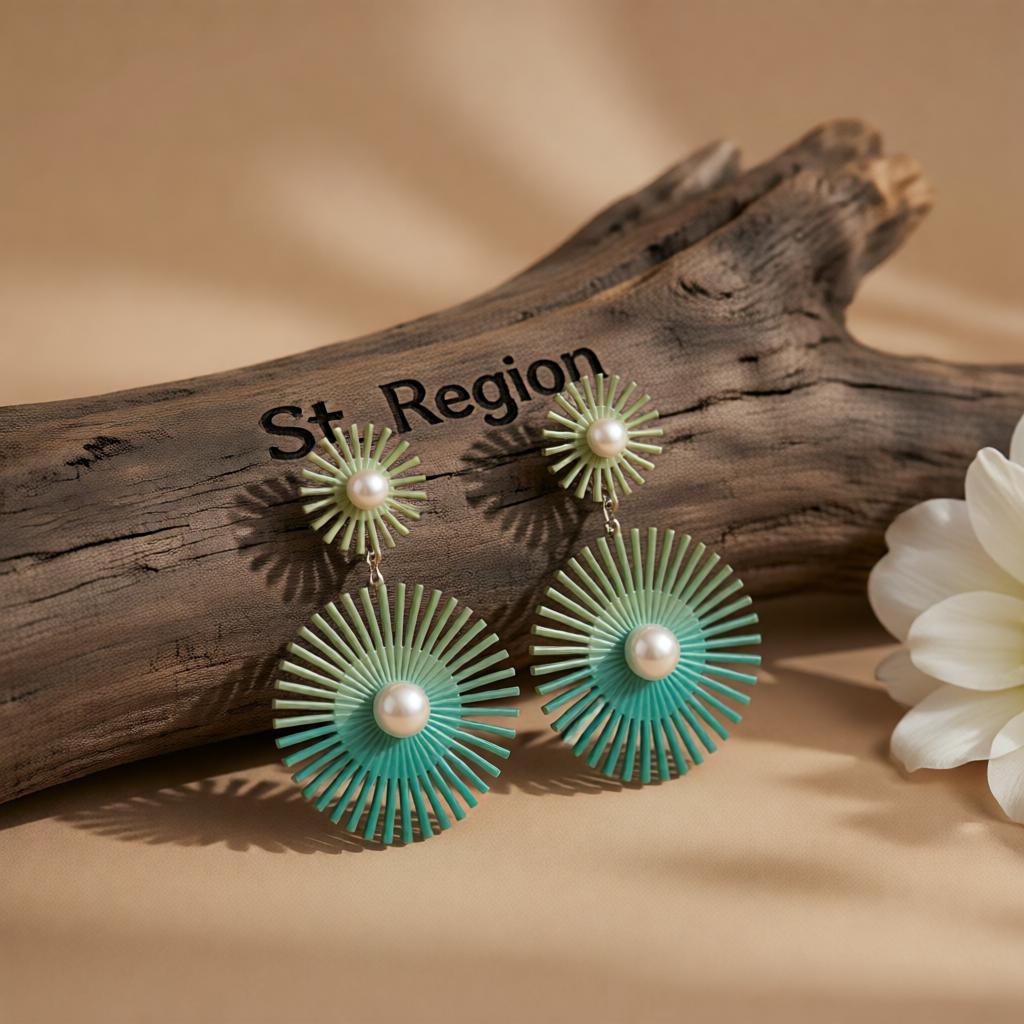 Green Enamel and Pearl Silver-Plated Abstract Botanical Drop Earrings, silver drop earrings for women, front view