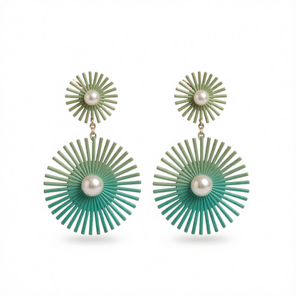 Green Enamel & Pearl Silver-Plated Abstract Botanical Drop Earrings