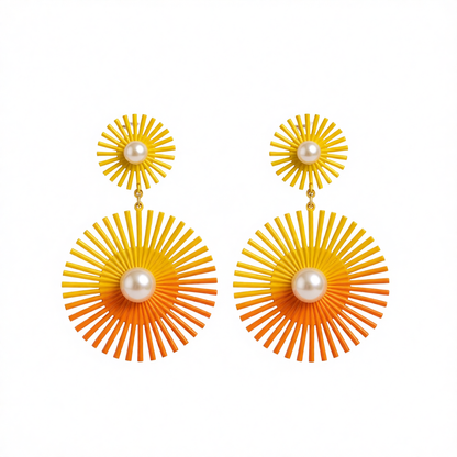 Yellow Enamel & Pearl Abstract Botanical Drop Earrings