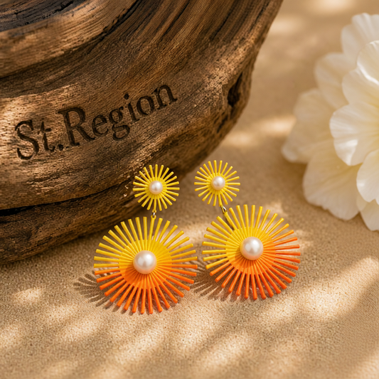 Yellow Enamel & Pearl Abstract Botanical Drop Earrings