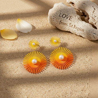 Yellow Enamel & Pearl Abstract Botanical Drop Earrings