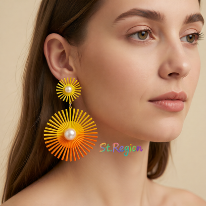 Yellow Enamel & Pearl Abstract Botanical Drop Earrings