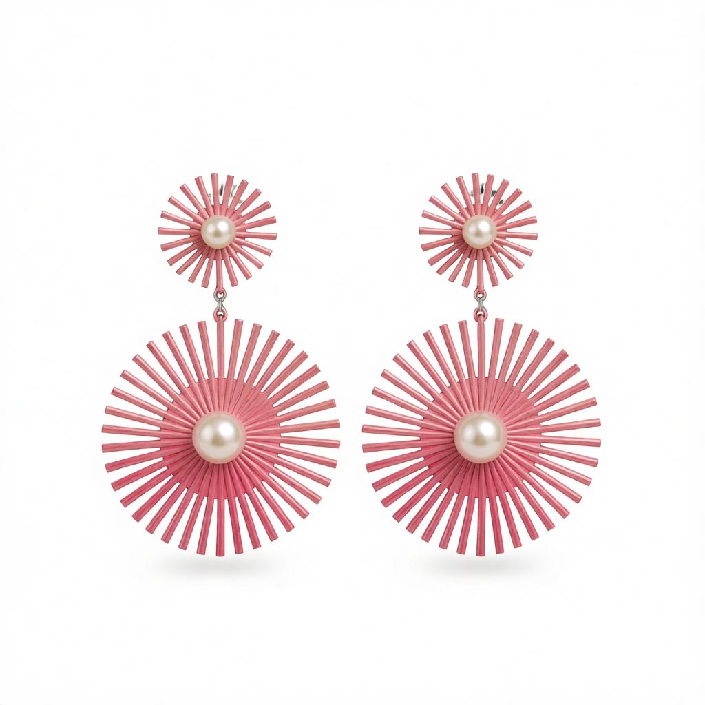 Pink Enamel and Pearl Abstract Botanical Drop Earrings, drop earrings for women, dainty minimalist design, side view
