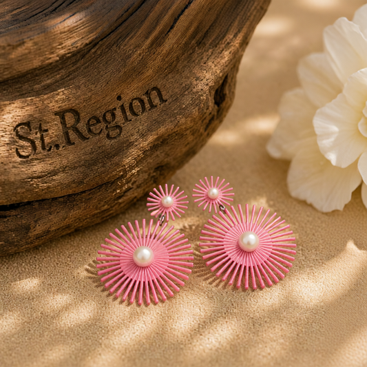 Pink Enamel & Pearl Abstract Botanical Drop Earrings