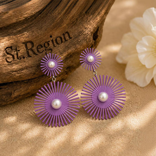 Purple Enamel and Pearl Abstract Botanical Drop Earrings, drop earrings for women, botanical inspired, front view